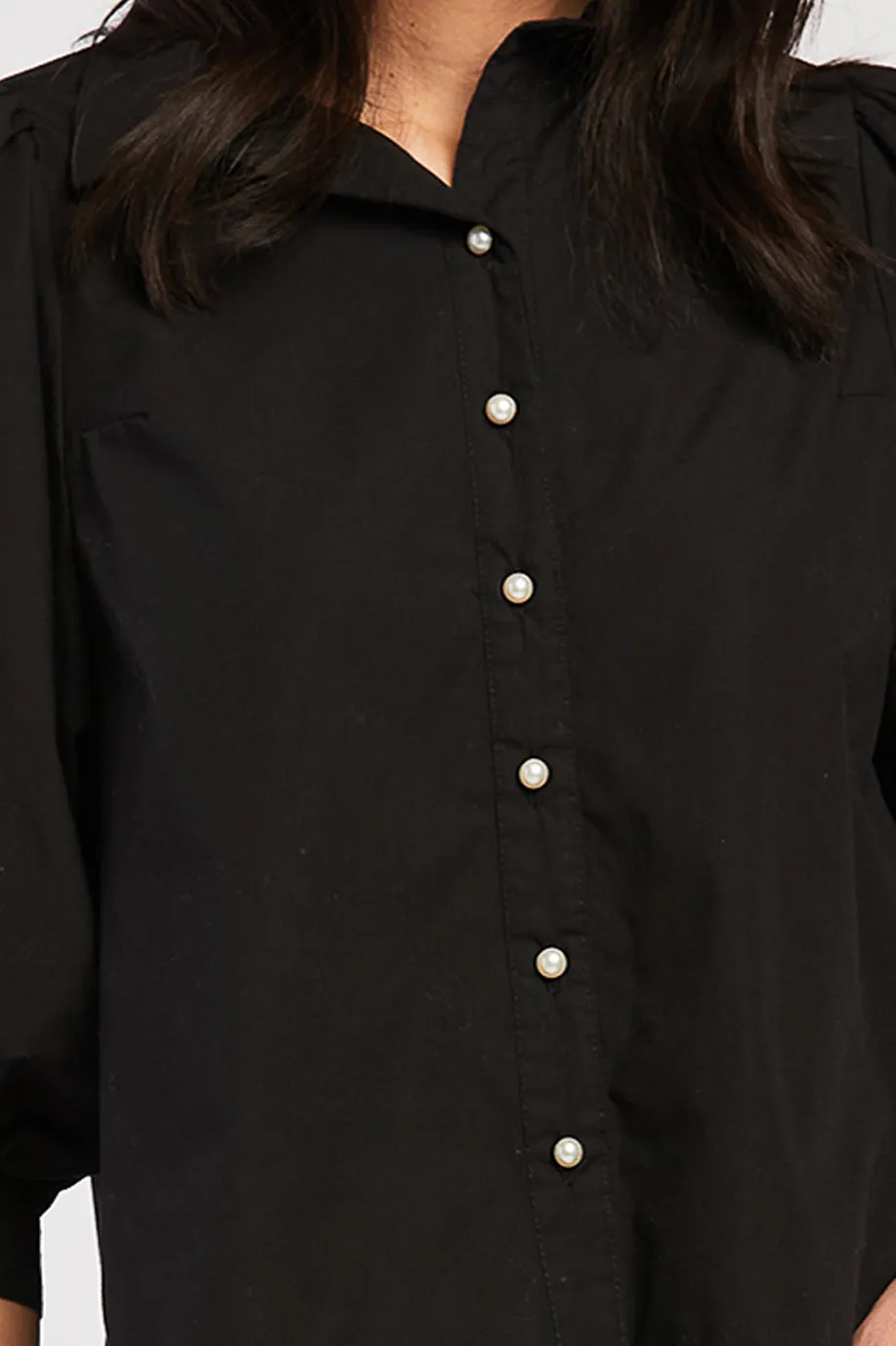 Hot Deal Teegan 3/4 Puff Sleeve Pearl Button Down Top Shirred Shoulder Top  Today Only!