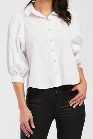 Hot Deal Teegan 3/4 Puff Sleeve Pearl Button Down Top Shirred Shoulder Top  Today Only!