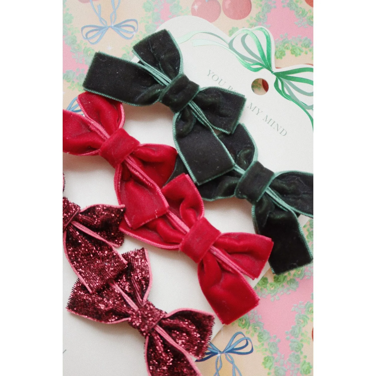 Konges Sljd Red/Glitter/Green 6 Pack Micki Bow Hair Clips