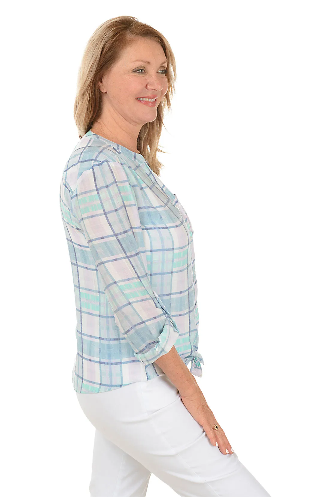 Petite Orchid Plaid Button-Front Blouse