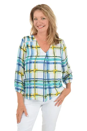 Petite Plaid Crepe V-Neck Blouse