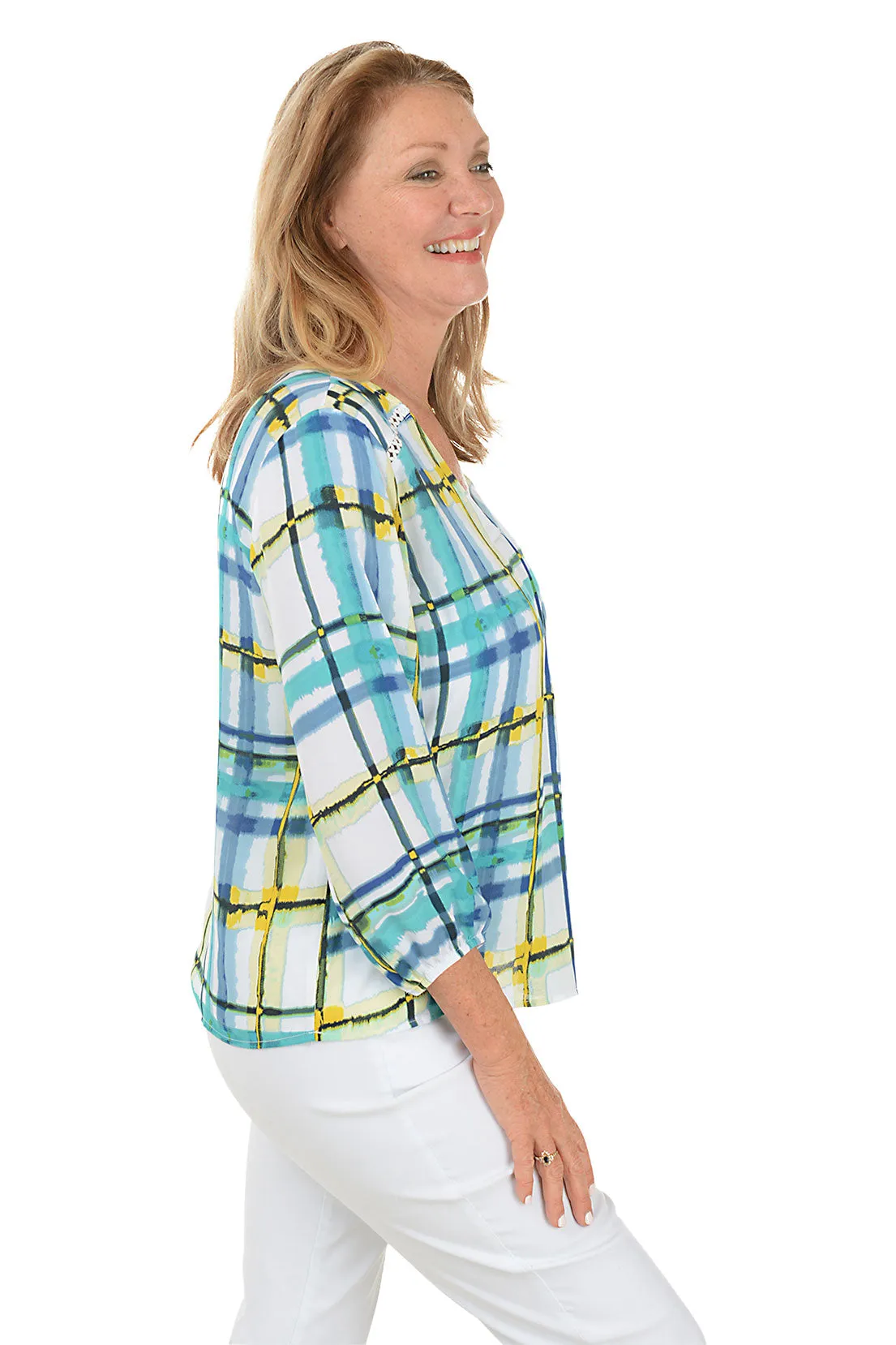 Petite Plaid Crepe V-Neck Blouse