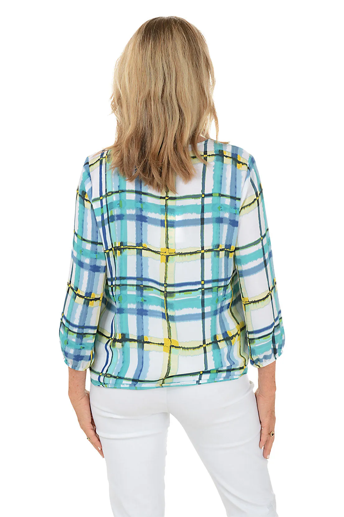 Petite Plaid Crepe V-Neck Blouse