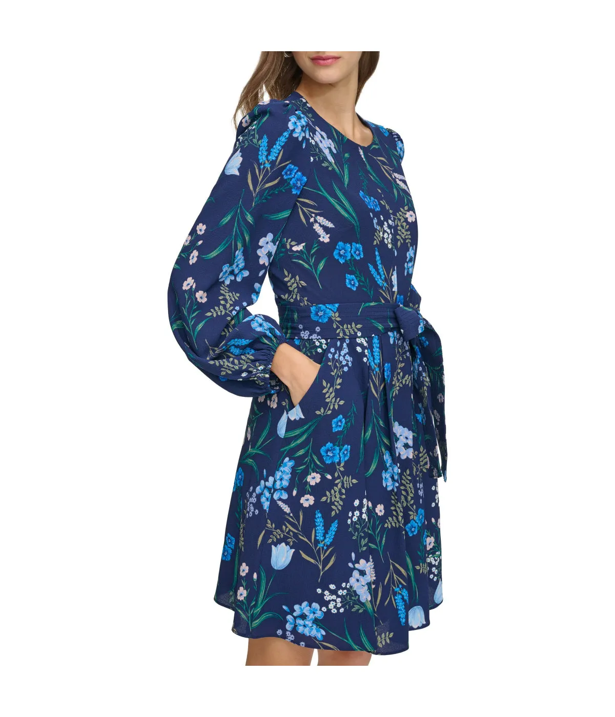 Premium Quality Jewel Neck Long Sleeve Fit & Flare With Trapunto Belt Navy  Last Chance!