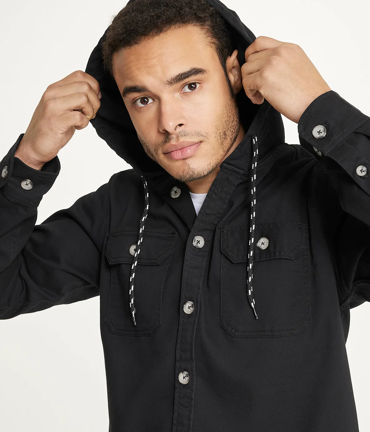 Selling Fast Men's Long Sleeve Hooded Shirt Jacket: Stretch Twill  Almost Gone!
