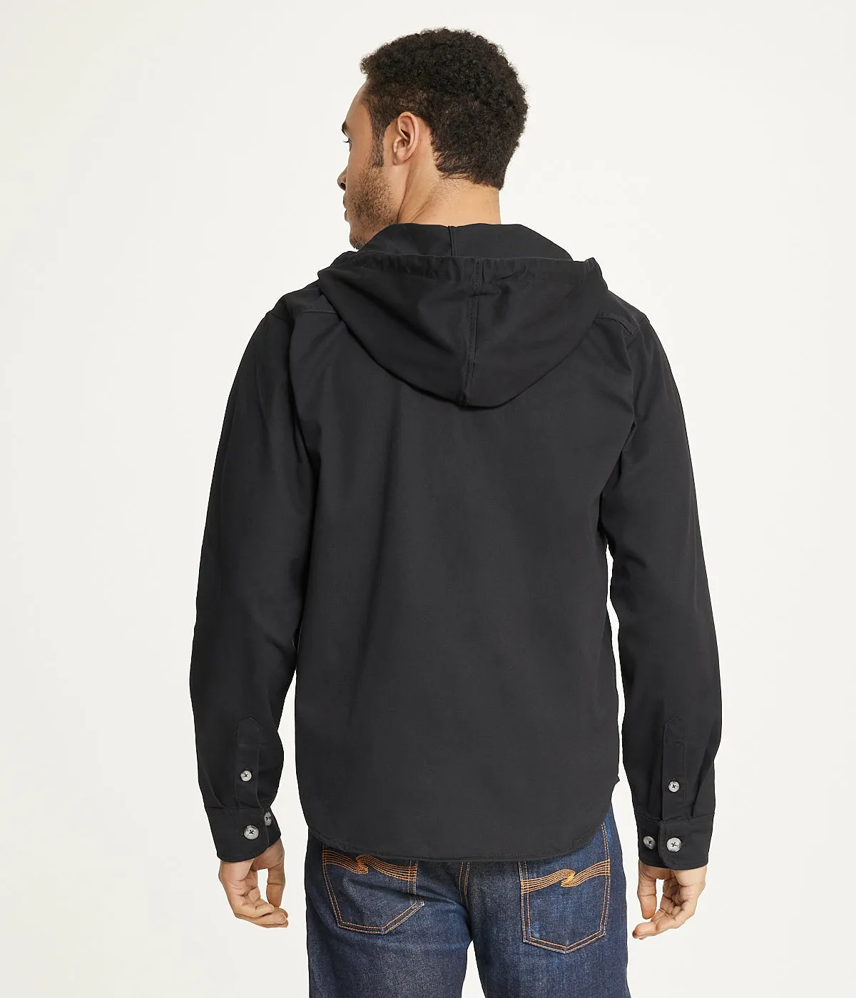 Selling Fast Men's Long Sleeve Hooded Shirt Jacket: Stretch Twill  Almost Gone!