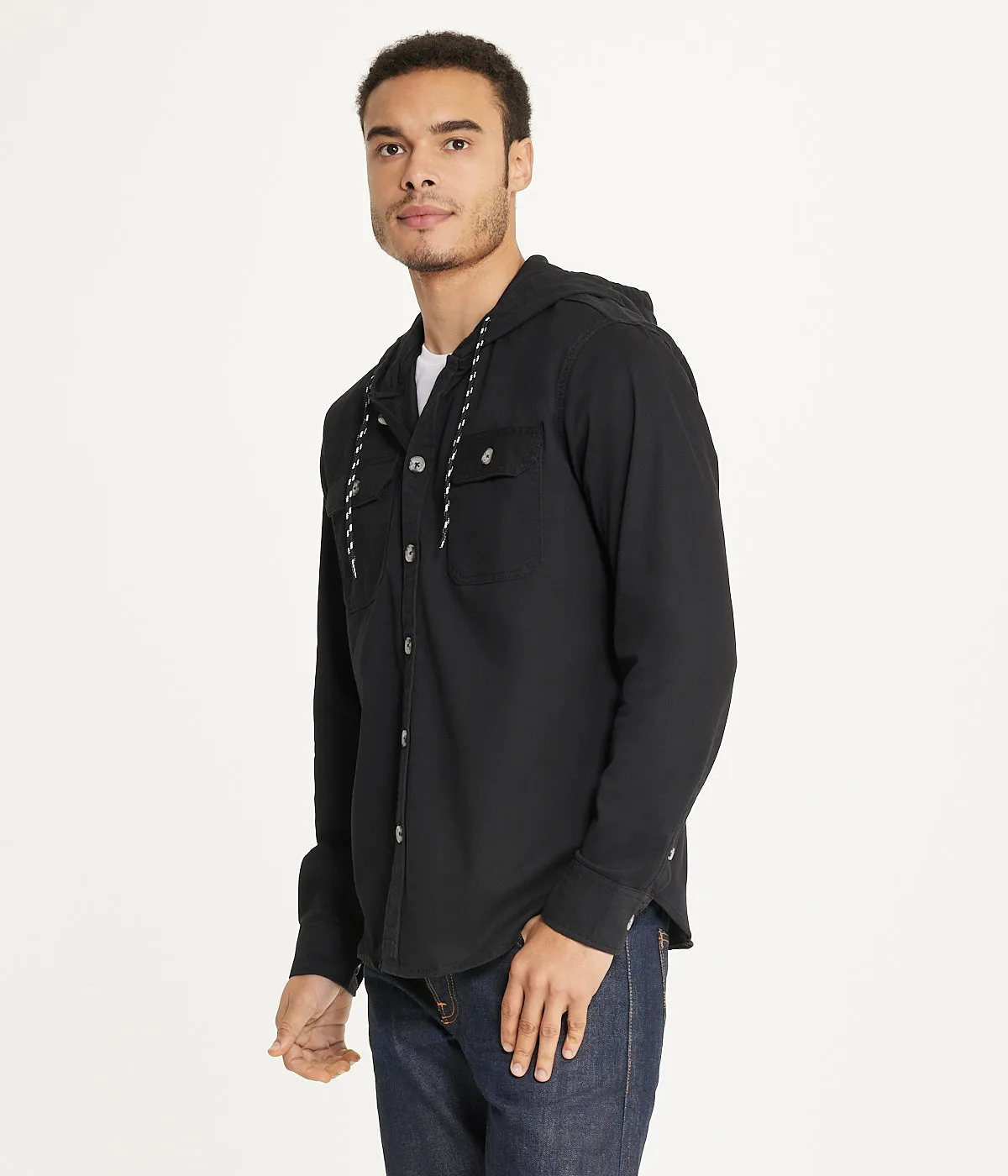 Selling Fast Men's Long Sleeve Hooded Shirt Jacket: Stretch Twill  Almost Gone!
