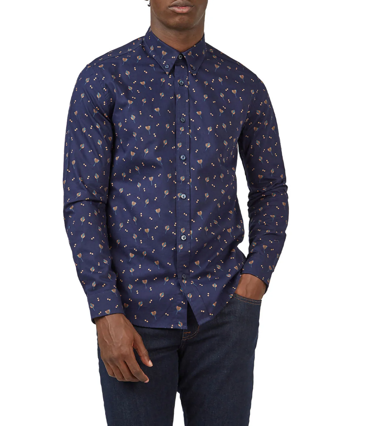 Top Rated Scattered Floral Print Twill Buttondown Shirt with Long Sleeves  Dont Miss Out!