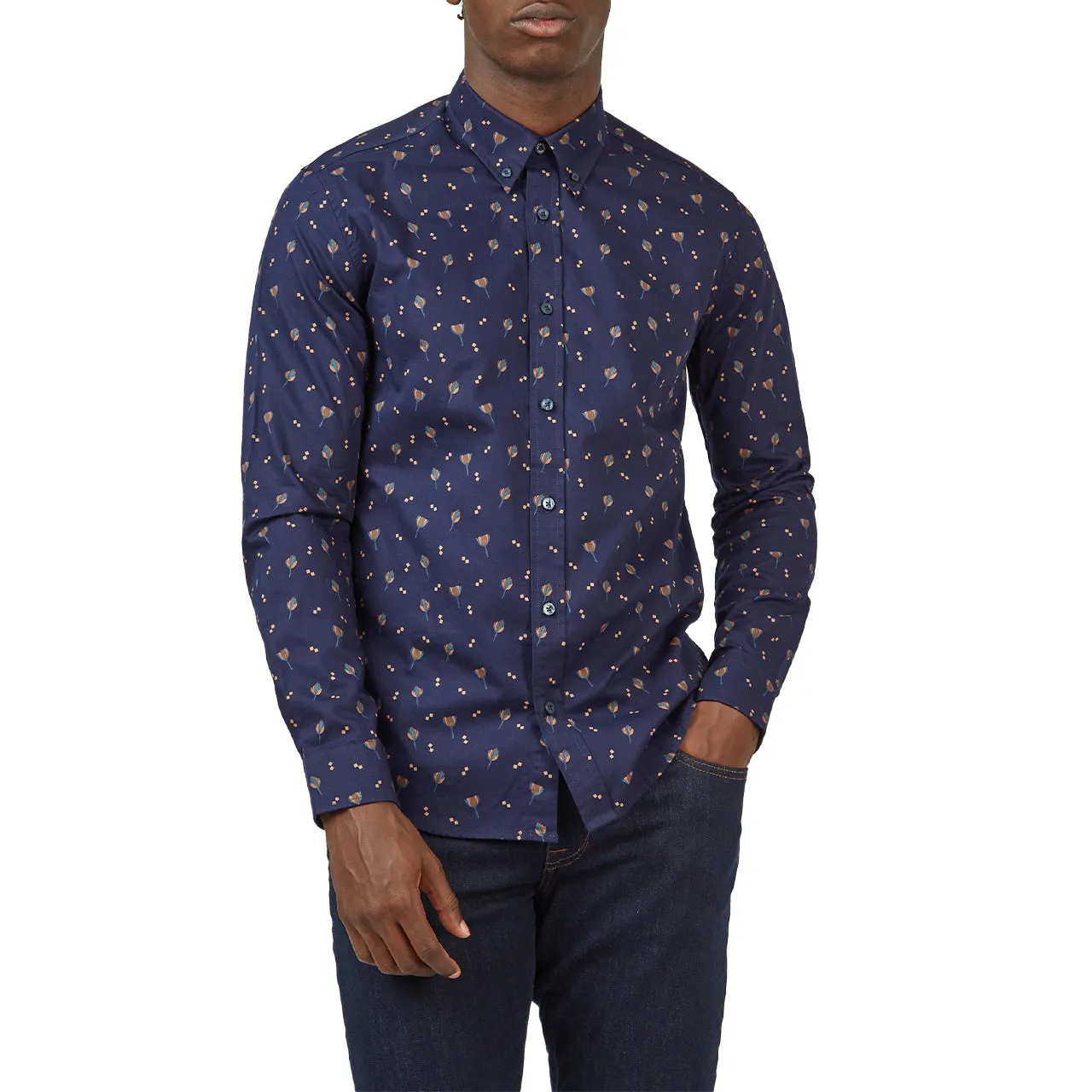 Top Rated Scattered Floral Print Twill Buttondown Shirt with Long Sleeves  Dont Miss Out!